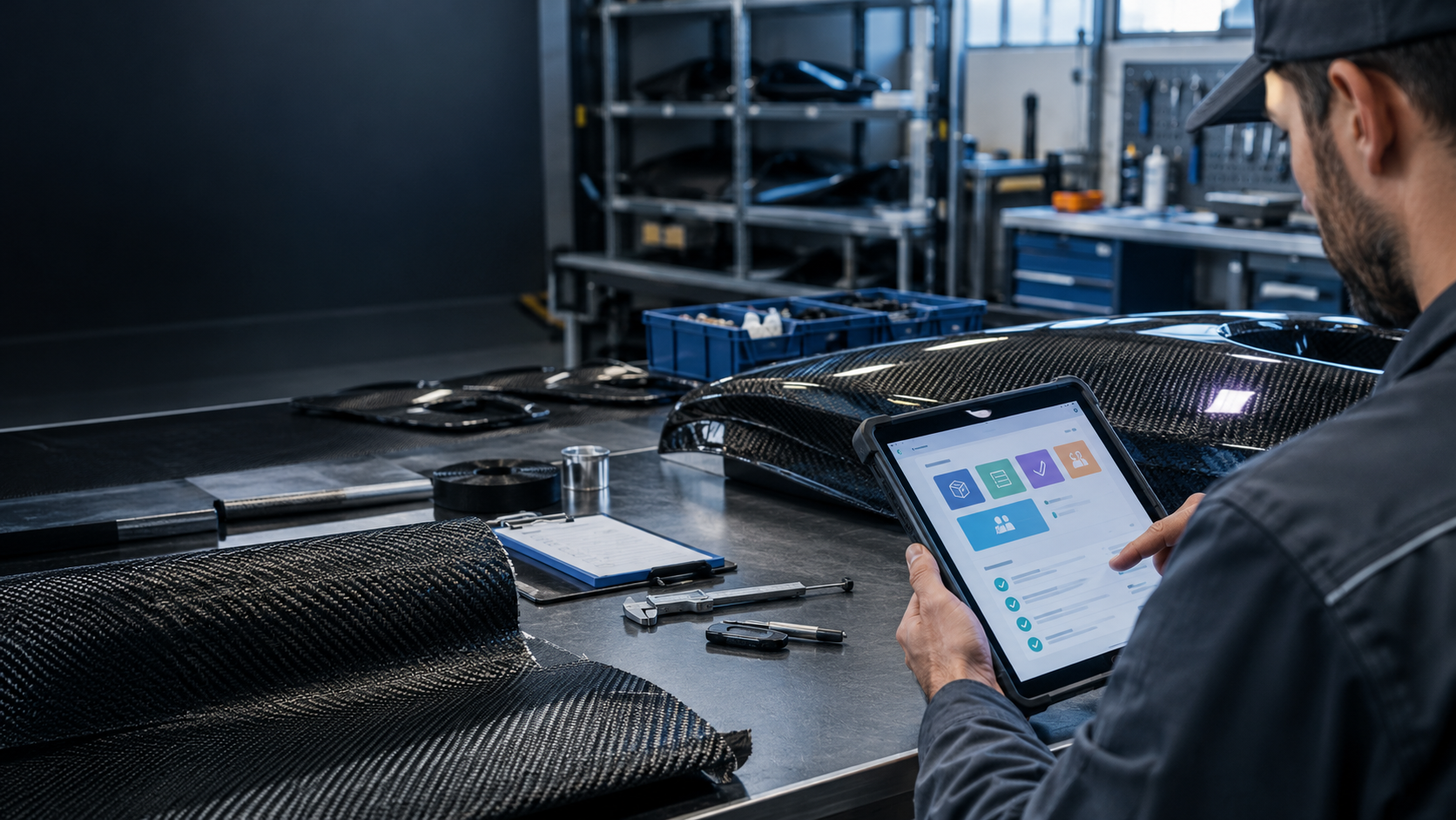 John Reece, CarbonEdge manufacturing coordinator, wearing his hat and using an iPad beside carbon-fibre materials in the workshop